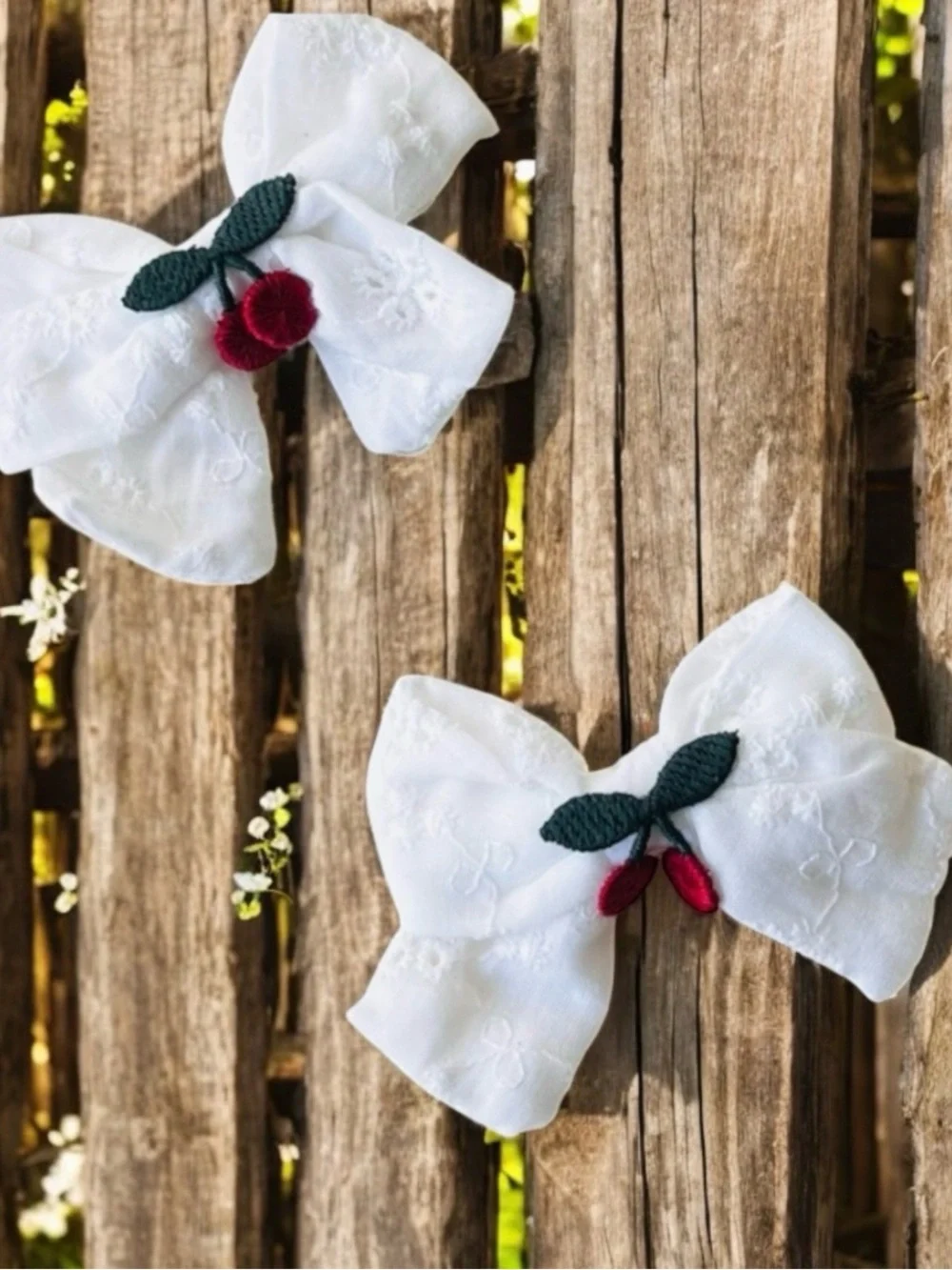 Handmade White Eyelet Cherry Hair Bows – Set of 2